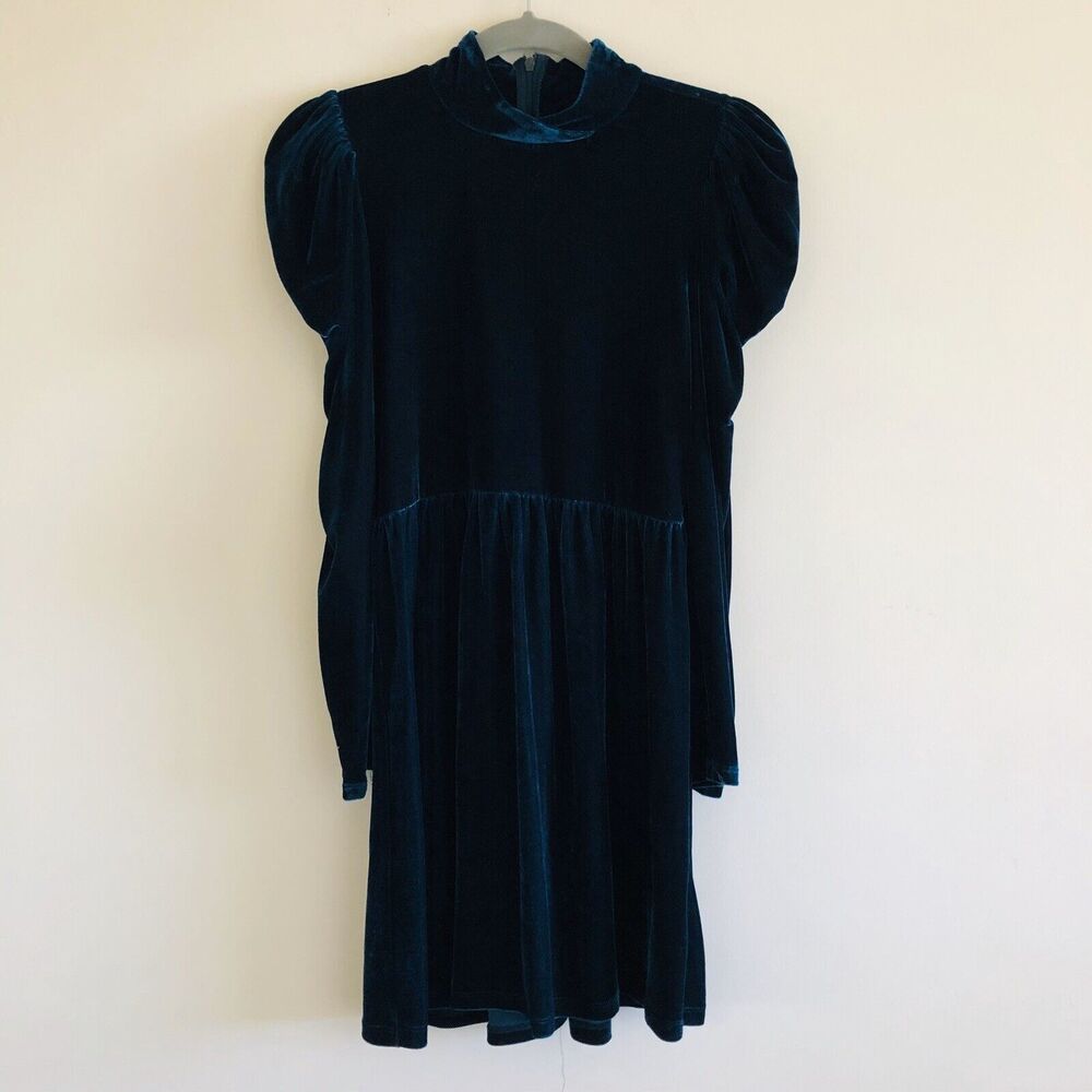 ZARA Green Velvet Puff Shoulder Dress - S